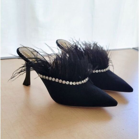 Antonio Melani x Nicola Bathie Liz Ostrich Feathers Rhinestone Suede Dress Mules - Picture 4 of 14